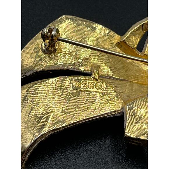 BSK Vintage Gold Tone Orange Yellow Enameled Flower Rhinestone Encrusted Brooch - Picture 9 of 13